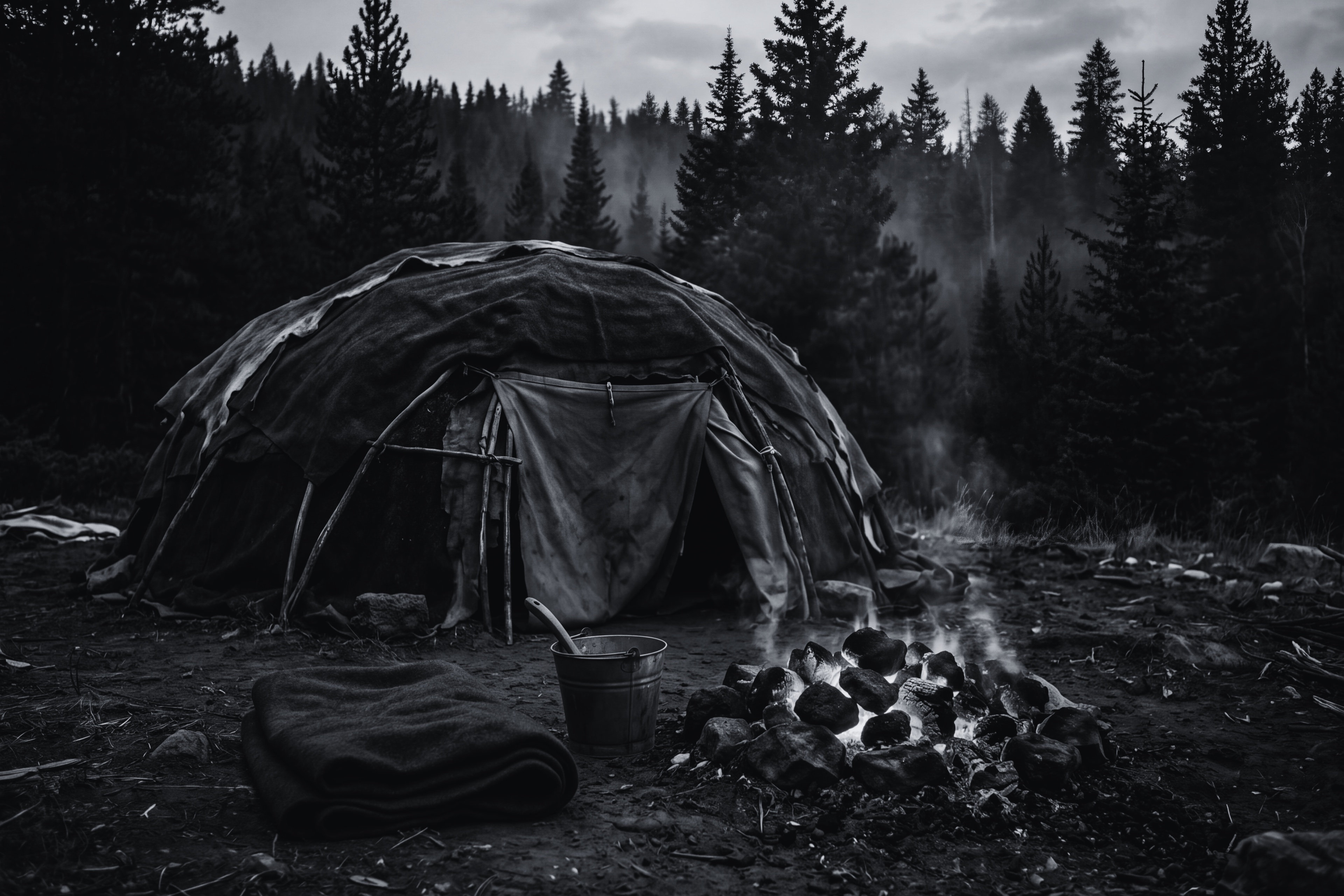 A sweat lodge at blue hour — ember-heated stones before the dome