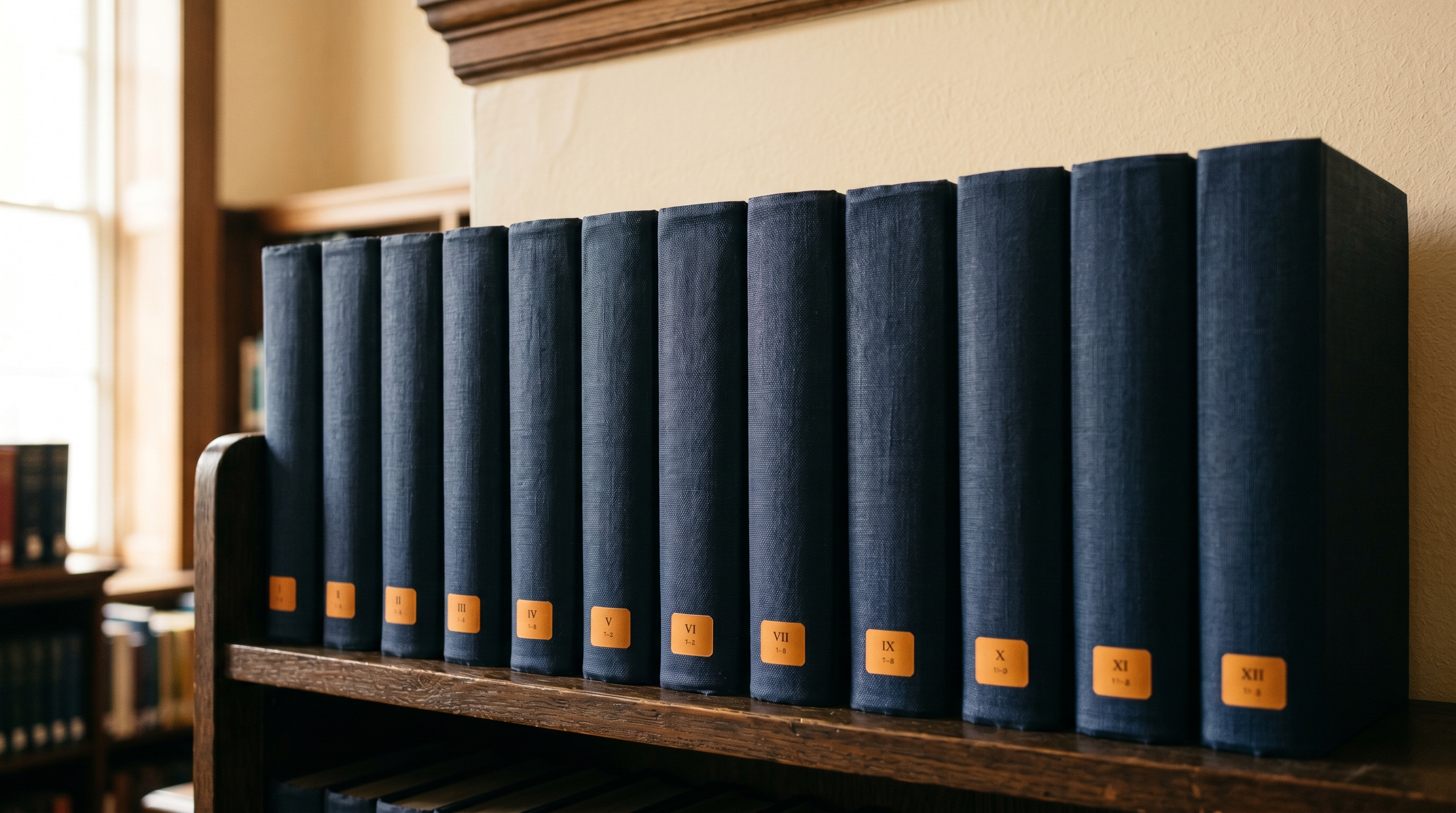 A library shelf of navy clothbound study volumes, editorial still life
