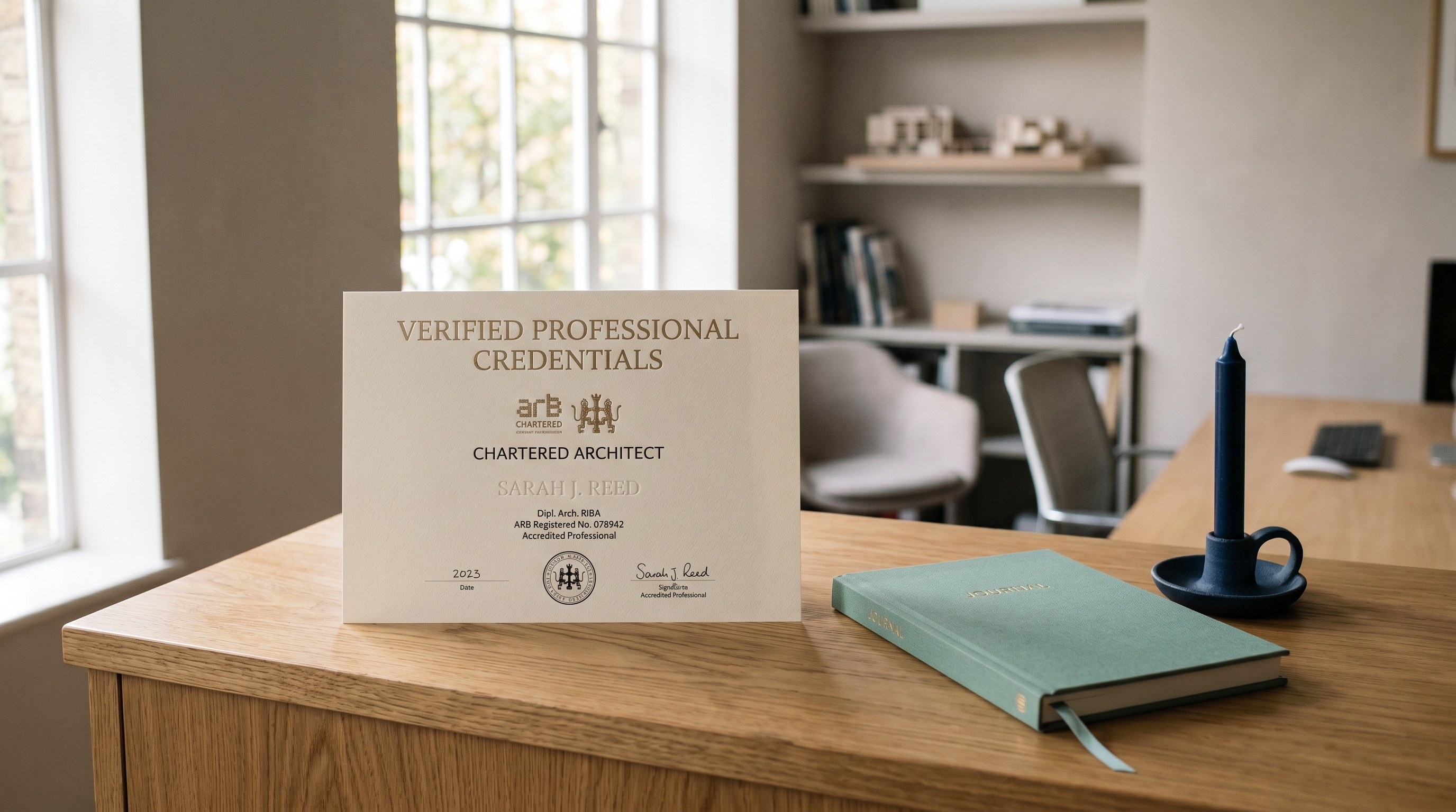 A verified professional credentials certificate on a studio reception desk, editorial still life