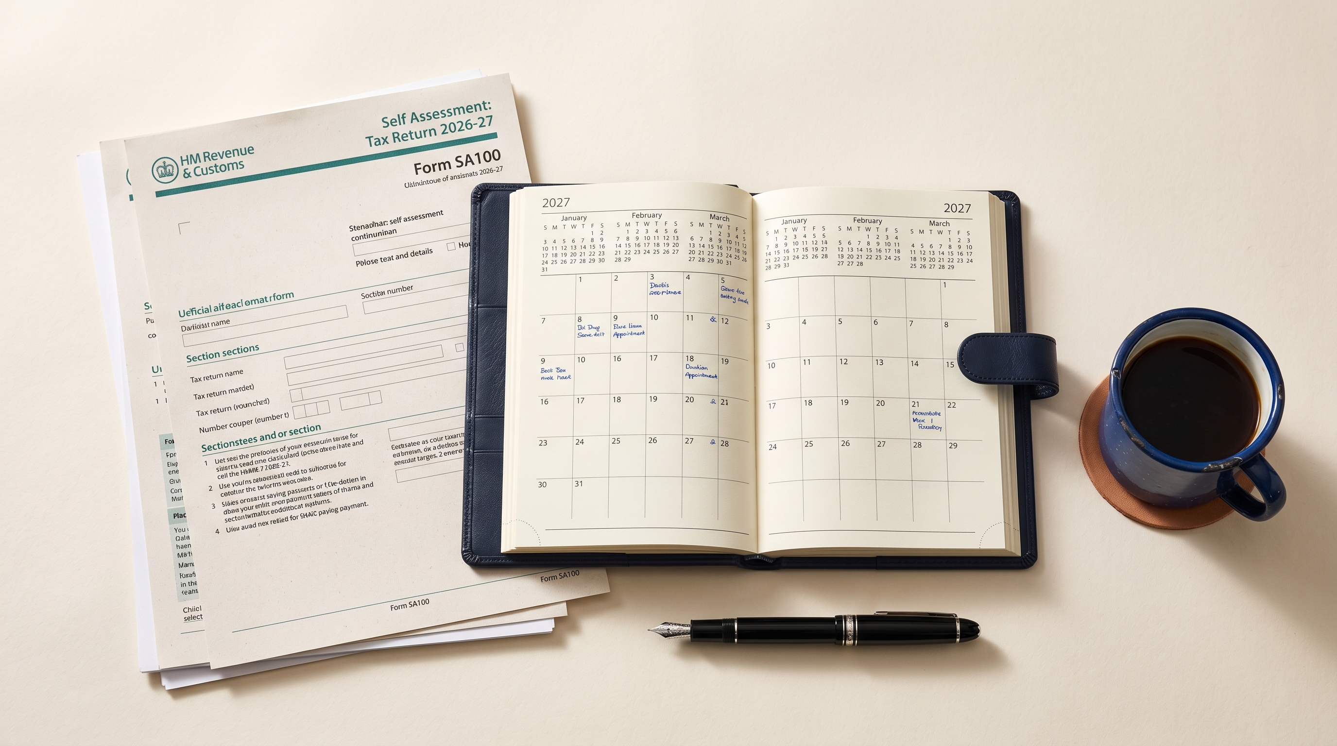 HMRC Self Assessment forms with a 2027 diary, editorial still life