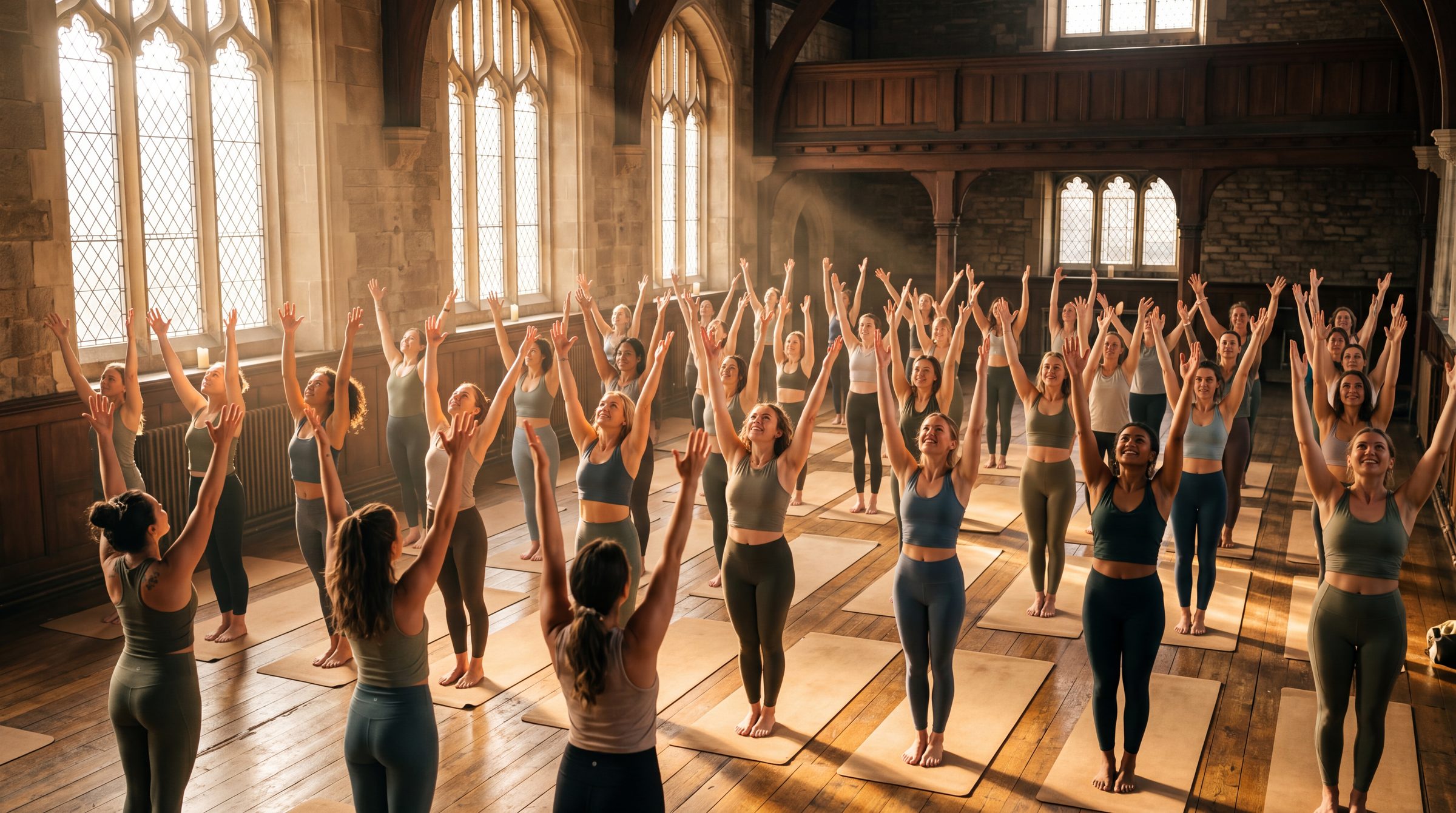 Forty teachers mid-salute in a grand hall, golden morning light — commissioned study